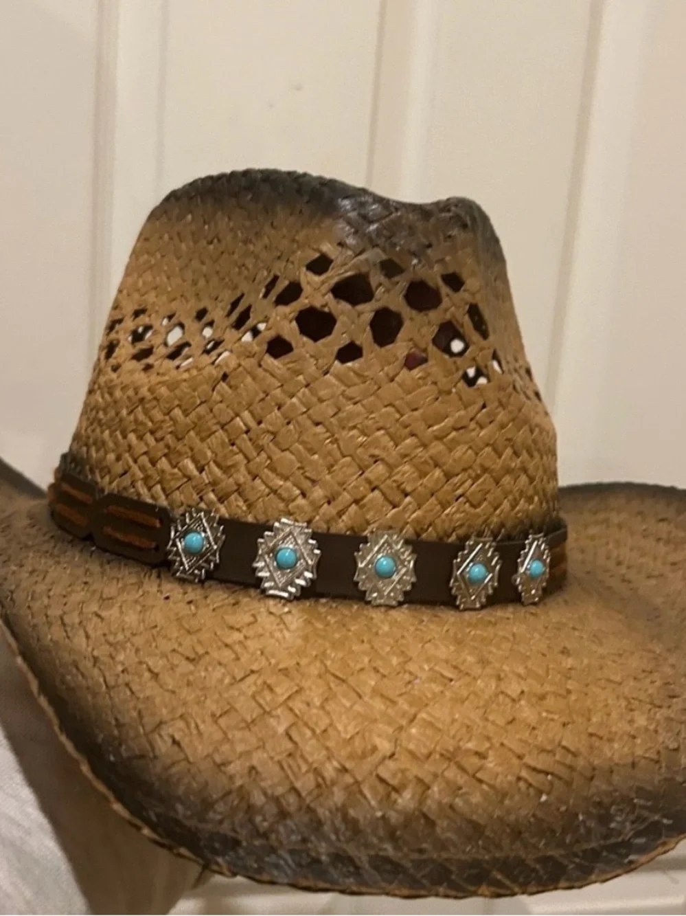 Classic Straw Cowboy Hat with Turquoise Conchos